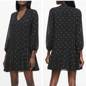 Banana Republic Black With Metallic Gold‎ Embroidery Sheer Sleeve Dress Size 4
